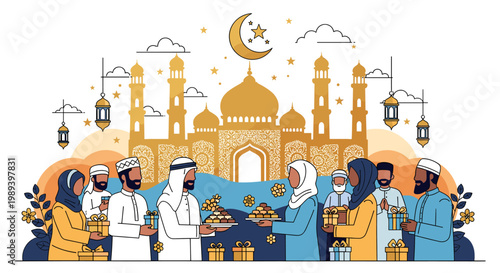 Muslim people celebrating Eid al-Fitr or Eid al-Adha, exchanging gifts and sweets in front of a golden mosque under a crescent moon and star, flat illustration.
