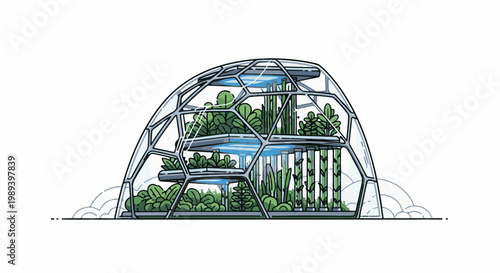 A futuristic geodesic dome greenhouse with multiple tiered levels of lush greenery