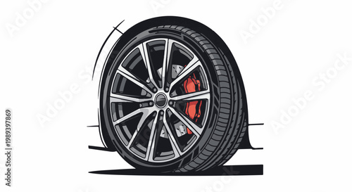 Close-up graphic of a car's tire and rim with red brake calipers