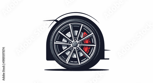 A detailed illustration of a performance car wheel with red brake calipers