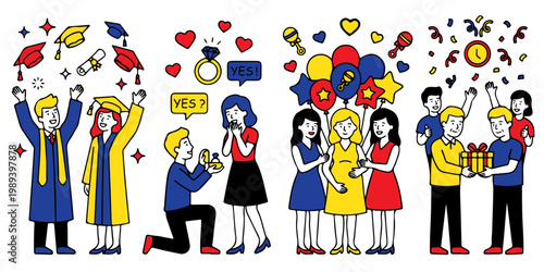 Set of milestone life events and celebrations. Flat vector illustrations of graduation, marriage proposal, baby shower, and retirement party, isolated.