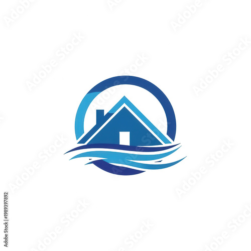 Blue house with a chimney in a circular wave design isolated on transparent background