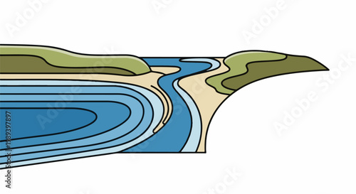 Stylized aerial view of a winding river meeting the sea, with rolling hills