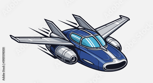 Futuristic blue and silver jet with motion lines flying forward