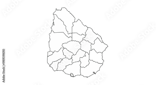 Vector map of Uruguay showing regions and departments in outline