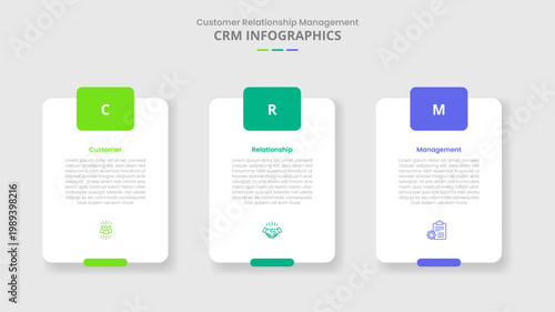 CRM customer relationship management for infographic with drop shadow style with vertical round box with badge on header with 3 point list information