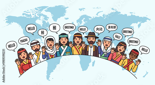 Diverse group of people from around the world waving and saying hello in different languages, set against a world map backdrop.