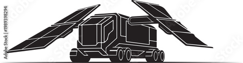 Solar powered truck, eco friendly vehicle, alternative energy transport, black line art