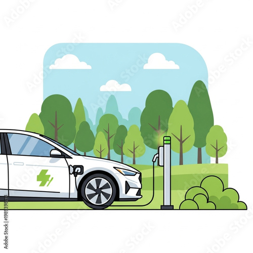 White Electric Car Charging at Station.