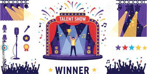 Talent Show Stage Illustration Set with Winner Trophy, Singing Performance, Microphones, Spotlights, and Audience Crowd for Entertainment Event Design and Celebration Graphics