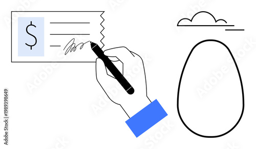 Banking, finance, investment, retirement planning, savings, economic security. Hand signing a check next to a simple image of a nest egg icon. Finance and savings concept