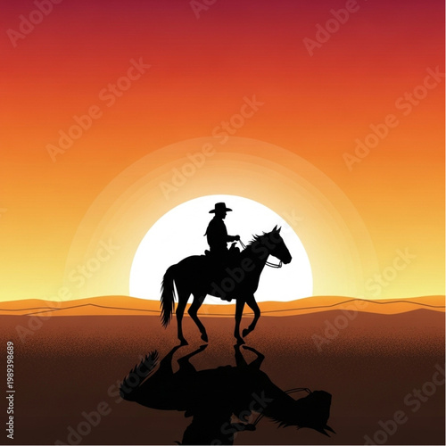 Silhouette of Cowboy Riding Horse at Sunset.