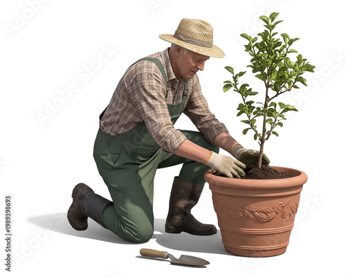 Gardener planting young tree on a pot isolated on transparent background
