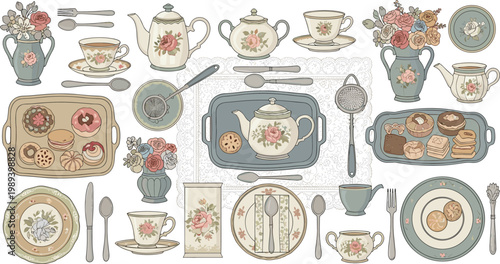 Vintage Floral Tea Set Collection with Elegant Teapots, Cups, Plates, Pastries, and Decorative Tableware for Classic Afternoon Tea and Romantic Designs