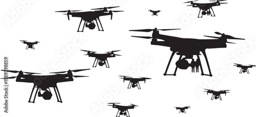 Drone, drones, black, silhouettes, flying, quadcopter, aircraft, vector icons, set