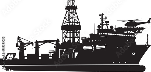 Black silhouette of offshore oil rig ship with helicopter, industrial vessel, drilling platform, marine equipment