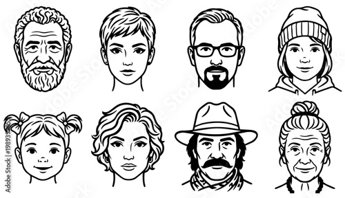 人物アイコンセット 顔アイコン 線画 モノクロ 男女年齢バリエーション ベクター｜ Avatar Line Art Face Icon Set Monochrome People Illustration