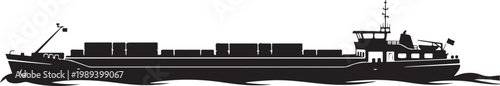 Cargo ship, barge, freight boat, industrial vessel, black silhouette, vector illustration