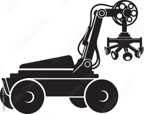 Industrial robotic arm, mechanical claw, black silhouette, vector illustration, robotic machinery, industrial automation
