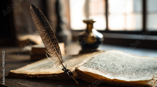 Medieval parchment manuscript on wooden table with feather quill and inkwell, soft window light. event programs, museum guides, designed for cultural heritage projects and event programs.