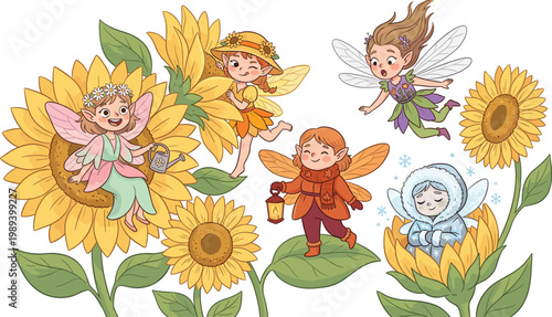 Cute Seasonal Fairy Characters with Sunflowers Representing Spring, Summer, Autumn, and Winter in Whimsical Fantasy Style for Children Illustration and Storybook Design