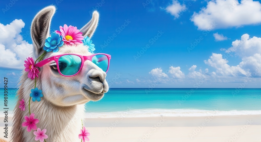 Fototapeta premium Llama in sunglasses and floral crown on a tropical beach