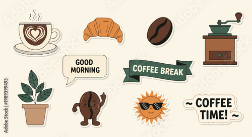 A vibrant illustration of various coffee-themed stickers including a cup, croissant, coffee beans, and potted plant on a beige background with cheerful phrases.