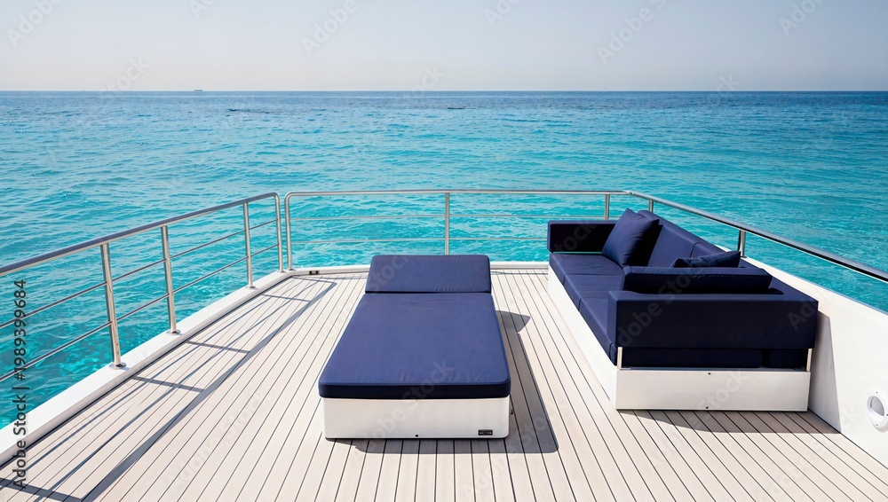 Fototapeta premium Luxury yacht deck with modern blue furniture and scenic turquoise ocean view