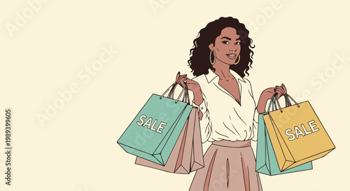 Confident and fashionable woman enjoying a successful shopping experience, proudly displaying her 'SALE' bags, symbolizing the excitement of finding great retail deals and consumer satisfaction