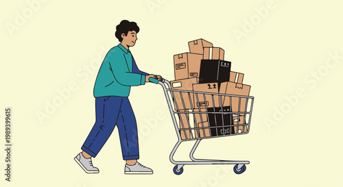 Vibrant flat illustration of a person pushing a shopping cart filled with numerous cardboard boxes, symbolizing the rapid growth of online shopping, delivery services, and consumer purchasing trends