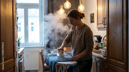 Slow motion tracking shot of woman ironing shirt in small kitchen with warm pendant lights and visible steam