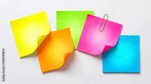 Colorful post-it notes in yellow, orange, green, pink, and blue scattered on white background with paperclip and scribble marking for professional business brainstorming, office organization, study