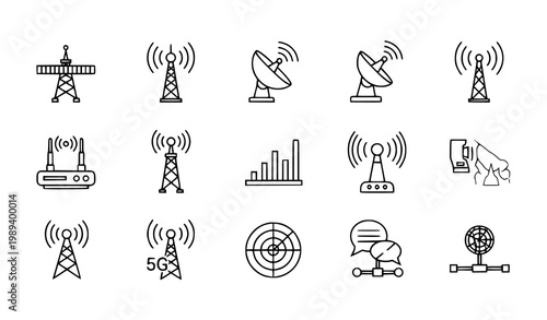 Radio tower 15 icon set telecom antenna wireless network outline vector