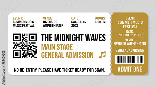 Concert ticket template for Summer Music Festival featuring The Midnight Waves at Riverside Amphitheater with QR code and barcode for general admission entry at live music performance event designs.