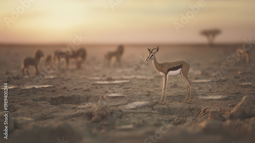 Lone gazelle on dry riverbed surrounded by blurred lion silhouettes at sunset. inspiring travel planning, wildlife magazines, designed for nature documentaries and education.