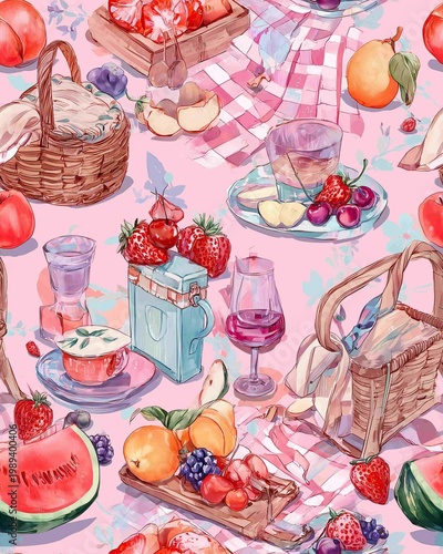 Artistic Vibrant Picnic Illustration with Baskets of Fruit, Wine Glasses, and Summer Snacks on Pastel Pink Patterned Background