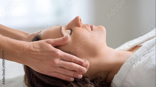 Close-up of a therapeutic session focusing on nervous system regulation and stress relief. face massage, healthcare, spa, holistic wellness, energy therapy. 