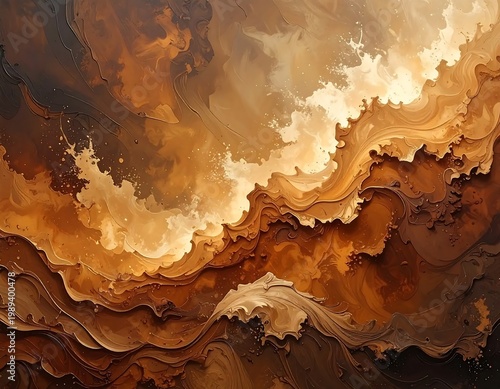 Abstract Fluid Art Illustration Of Swirling Brown And Cream Liquid With Impasto Texture And Dynamic Splashes In Warm Tones