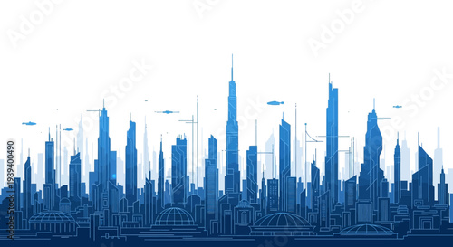 Futuristic City Skyline Silhouette with Digital Technology Elements