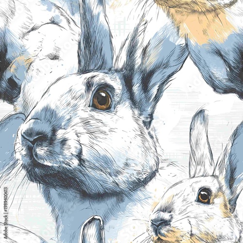 Intricate Hand-Drawn Rabbit Illustrations with Abstract Pastel Accents for Nature-Themed Design Projects
