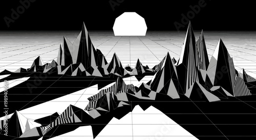 Retro 80s Synthwave Wireframe Landscape with Sun
