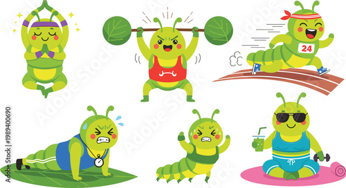 Cute Caterpillar Fitness Characters Set Showing Yoga, Weightlifting, Running, Push Ups, Workout, and Relaxing Activities in Fun Cartoon Style for Healthy Lifestyle Designs