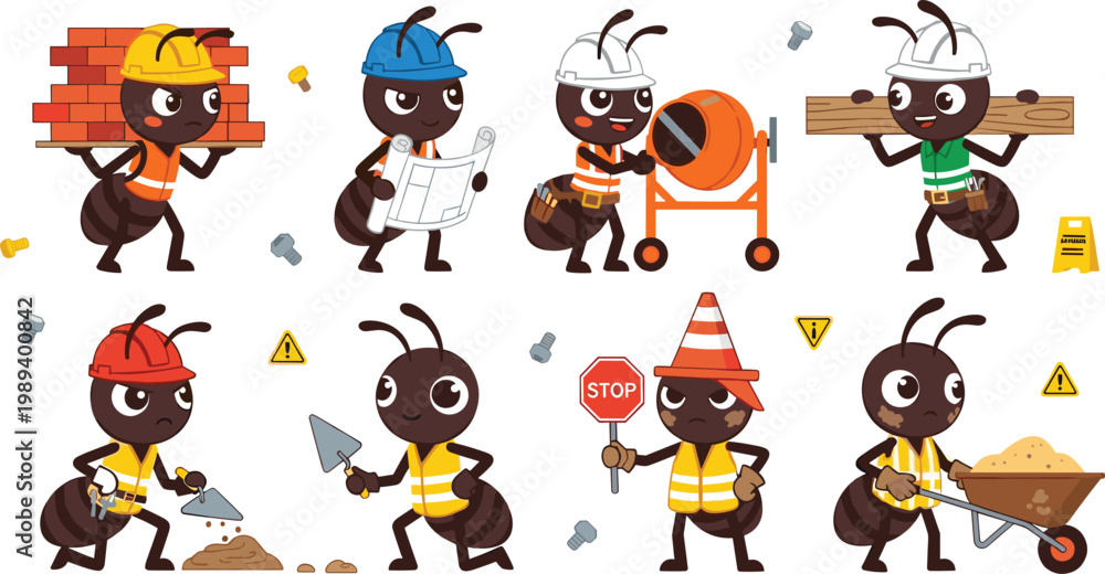 Fototapeta premium Cute Ant Construction Workers Cartoon Set with Building Tools, Safety Gear, Cement Mixer, Bricks, and Road Signs for Kids Educational and Fun Designs
