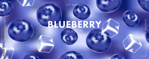 Blueberry flavor background with fresh berries and ice cubes floating on a glossy purple mesh gradient backdrop. Cool juicy composition with soft blur and bright highlights for summer packaging.