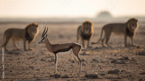 Lone gazelle on dry riverbed surrounded by blurred lion silhouettes at sunset. inspiring travel planning, wildlife magazines, designed for nature documentaries and education.