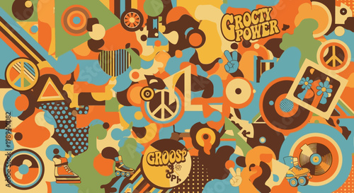 Retro Groovy 1970s Style Abstract Pattern with Peace Signs and Roller Skates