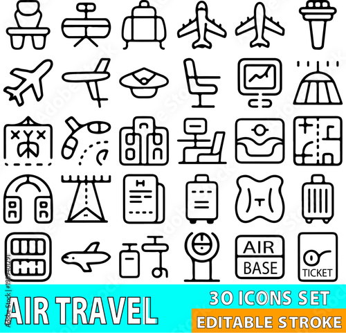 Air travel icons collection provides thirty detailed black outline symbols showcasing airport terminal facilities, boarding luggage, flight paths, and aviation technology for global transit.