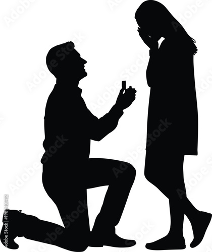 Romantic marriage proposal silhouette with man kneeling and offering ring to surprised woman isolated on white background