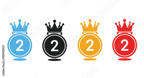 Colorful graphic of three numbered medals with crowns in blue black orange and red for achievement or ranking