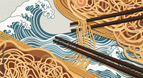 Creative Ramen Noodles Illustration with Stylized Ocean Waves and Chopsticks